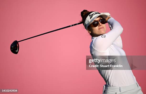 Hannah Green of Australia tees off on the 1st hole on day two of The Amundi Evian Championship at Evian Resort Golf Club on July 22, 2022 in...