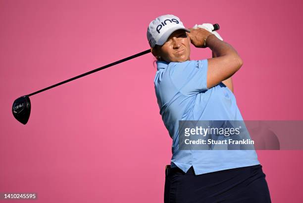 Angela Stanford of The United states tees off on the 1st hole on day two of The Amundi Evian Championship at Evian Resort Golf Club on July 22, 2022...
