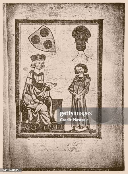 illustrazioni stock, clip art, cartoni animati e icone di tendenza di canzoniere medievale (codex manesse) il poema didattico tradizionale qui risale al periodo intorno al 1210-1220 - menestrello-persona