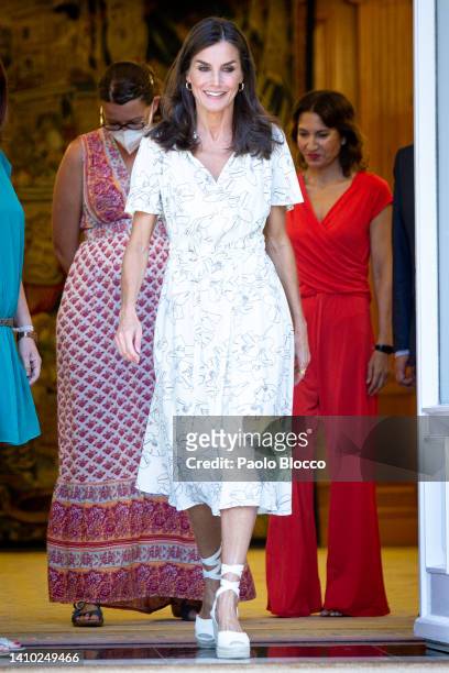 Queen Letizia Of Spain attends several audiences at Zarzuela Palace on July 22, 2022 in Madrid, Spain.