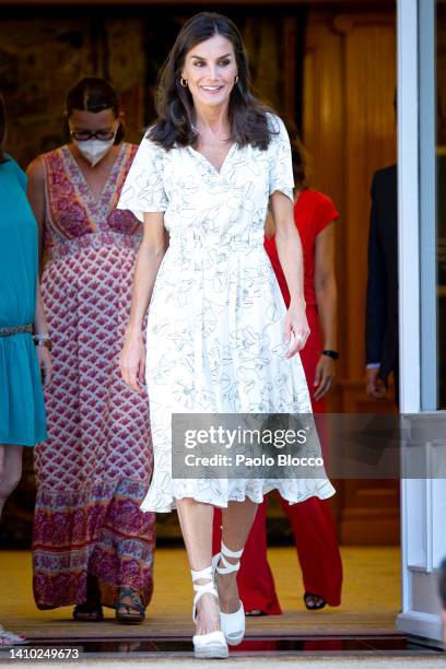 Queen Letizia Of Spain attends several audiences at Zarzuela Palace on July 22, 2022 in Madrid, Spain.