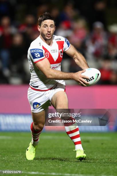 Ben Hunt of the Dragons runs the ball during the round 19 NRL match between the St George Illawarra Dragons and the Manly Warringah Sea Eagles at...