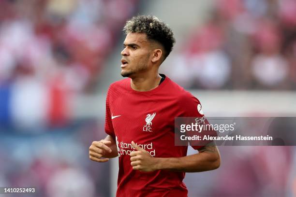 Luis Diaz of Liverpool looks on during the pre-season friendly match between RB Leipzig and Liverpool FC at Red Bull Arena on July 21, 2022 in...