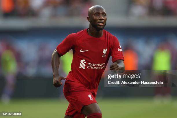 Naby Keita of Liverpool looks on during the pre-season friendly match between RB Leipzig and Liverpool FC at Red Bull Arena on July 21, 2022 in...