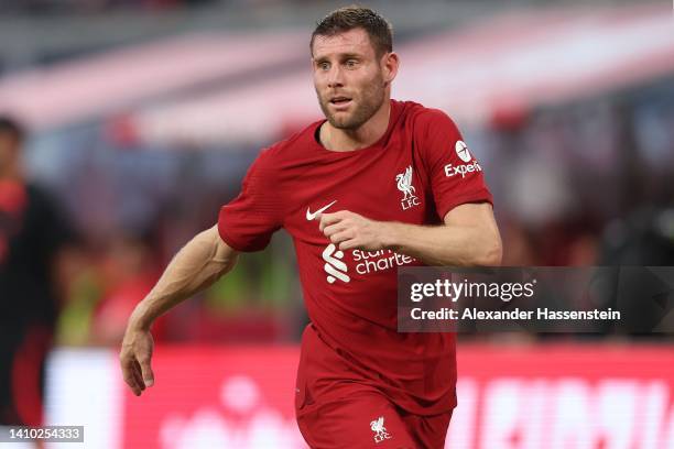 James Milner of Liverpool looks on during the pre-season friendly match between RB Leipzig and Liverpool FC at Red Bull Arena on July 21, 2022 in...