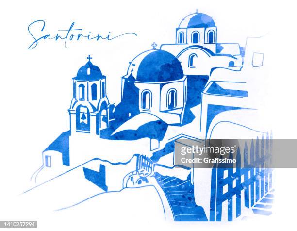 santorini bell tower and blue domes in oia on greece illustration watercolor painting - greece island stock illustrations