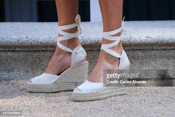 Queen Letizia of Spain, shoes detail, attends several audiences at the Zarzuela Palace on July 22, 2022 in Madrid, Spain.