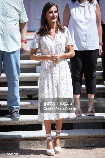 Queen Letizia Of Spain attends several audiences at Zarzuela Palace on July 22, 2022 in Madrid, Spain.