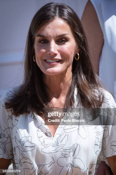 Queen Letizia Of Spain attends several audiences at Zarzuela Palace on July 22, 2022 in Madrid, Spain.