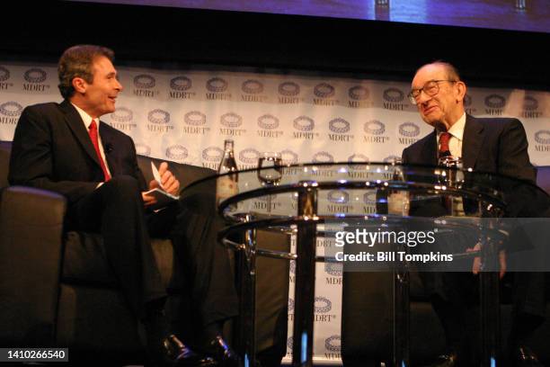 April 25: Financial experts Alan Greenspan and Phil Harriman speak during the Million Dollar Round Table conference on April 25th 2007 in New York...