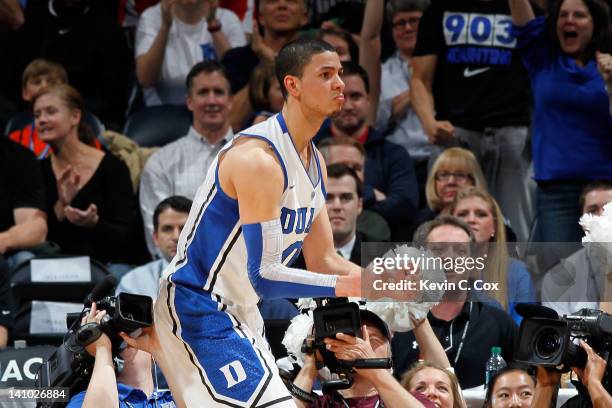 Austin Rivers of the Duke Blue Devils reacts against the Virginia Tech Hokies in their Quarterfinal game of the 2012 ACC Men's Basketball Conferene...