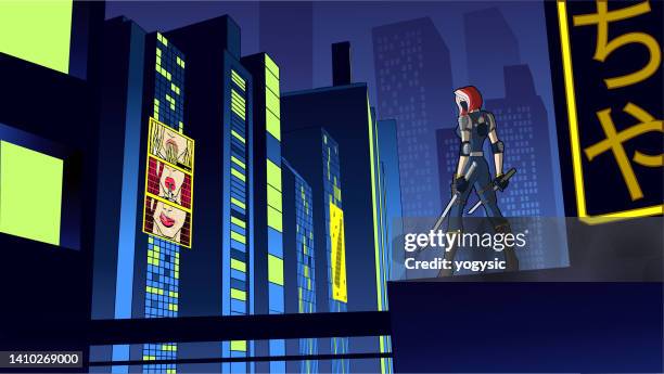 ilustraciones, imágenes clip art, dibujos animados e iconos de stock de vector female ninja girl en cyberpunk city ilustración de stock - manga