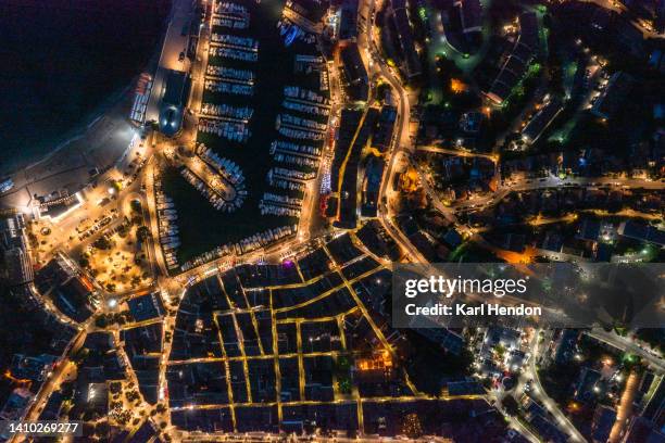 a night-time aerial view of cassis, france - town map stock pictures, royalty-free photos & images