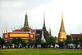 Landscape Royal Plaza Sanam Luang public garden park and cityscape of BKK with Wat Phra Kaew orTemple of the Emerald Buddha or Wat Phra Si Rattana Satsadaram and Grand Palace in Bangkok, Thailand