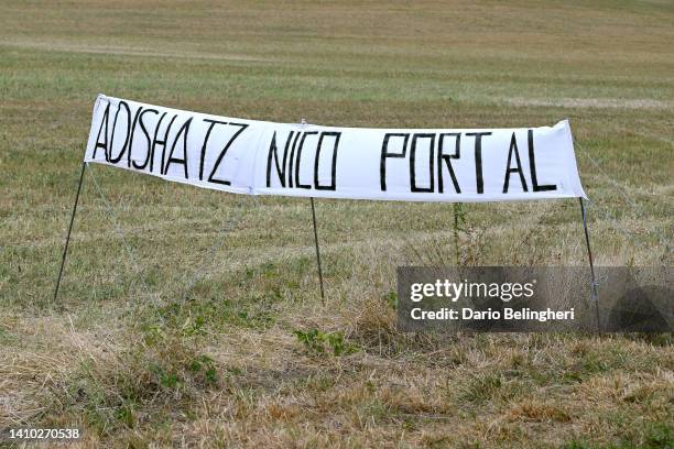 Banner shows an image to pay tribute to Nicolas Portal, ex-pro cyclist and sports director of the Sky team in his hometown of Auch during the 109th...