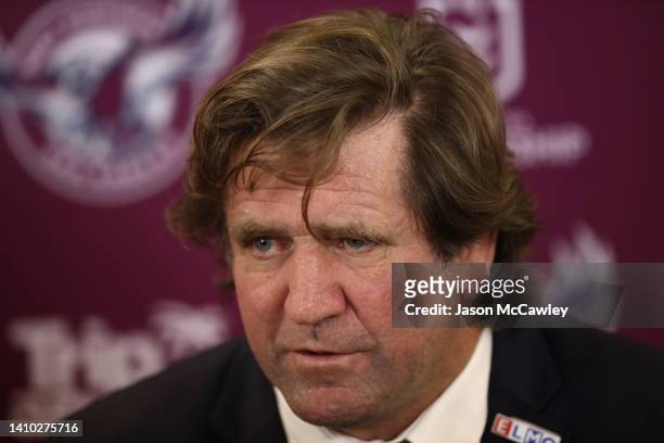 Sea Eagles coach Des Hasler speaks to the media after the round 19 NRL match between the St George Illawarra Dragons and the Manly Sea Eagles at...