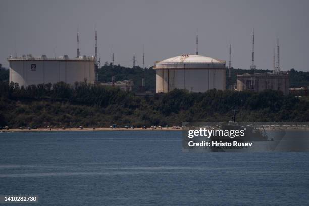 Burgas Lukoil oil port is seen above a beach, during military exercise Sea Breeze on July 22, 2022 in Burgas, Bulgaria. Hungarian ships exercise in...