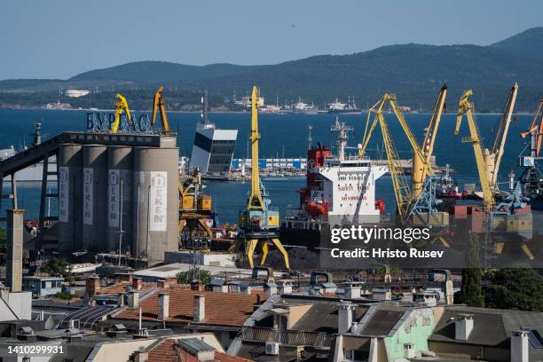 Aerial view of Burgas port on July 22, 2022 in Burgas, Bulgaria. Hungarian ships exercise in the Black Sea as part of Exercise Breeze. Some 14...