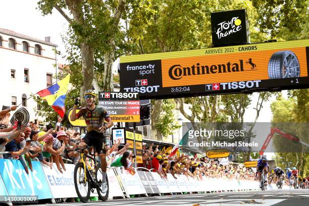 Christophe Laporte of France and Team Jumbo - Visma celebrates winning during the 109th Tour de France 2022, Stage 19 a 188,3km stage from...