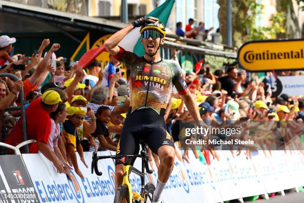 Christophe Laporte of France and Team Jumbo - Visma celebrates winning during the 109th Tour de France 2022, Stage 19 a 188,3km stage from...