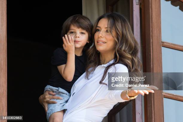 Actress Eva Longoria and her son Santiago Baston are seen on July 22, 2022 in Marbella, Spain.
