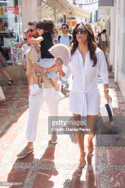 Actress Eva Longoria, her son Santiago Baston and her husband Jose Baston are seen on July 22, 2022 in Marbella, Spain.