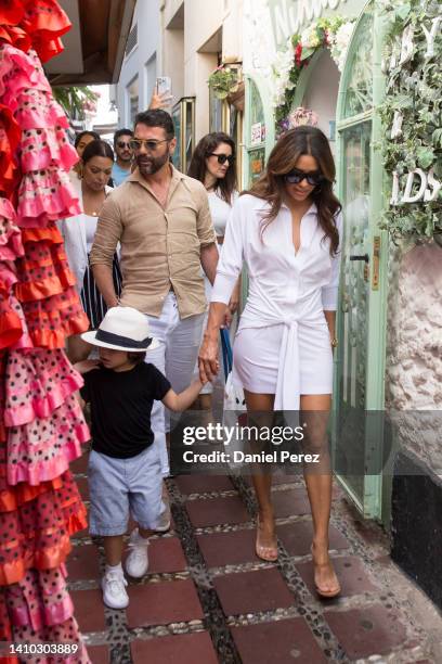 Actress Eva Longoria, her son Santiago Baston and her husband Jose Baston are seen on July 22, 2022 in Marbella, Spain.