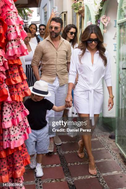 Actress Eva Longoria, her son Santiago Baston and her husband Jose Baston are seen on July 22, 2022 in Marbella, Spain.