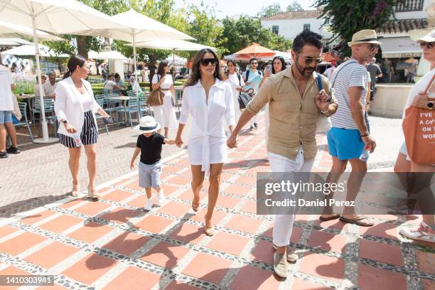 Actress Eva Longoria, her son Santiago Baston and her husband Jose Baston are seen on July 22, 2022 in Marbella, Spain.