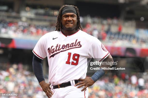 Josh Bell of the Washington Nationals looks on during a baseball game against the Atlanta Braves at Nationals Park on July 17, 2022 in Washington, DC.