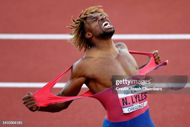 Noah Lyles of Team United States celebrates winning gold in the Men's 200m Final on day seven of the World Athletics Championships Oregon22 at...