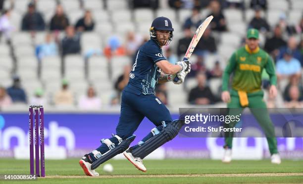 England batsman Phil Sal hits out during the 2nd ODI between England and South Africa at Emirates Old Trafford on July 22, 2022 in Manchester,...