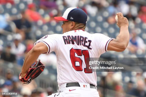 Erasmo Ramirez of the Washington Nationals pitches during a baseball game against the Atlanta Braves at Nationals Park on July 17, 2022 in...