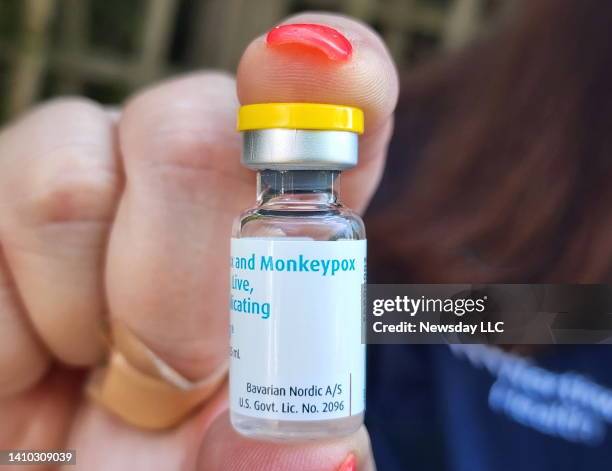 Northwell Health staff member holds the monkeypox vaccine, at Cherry Grove on Fire Island, New York, where monkey pox vaccines were administered on...