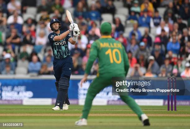 Joe Root of England reacts after hitting the ball in the air before being caught by Quinton de Kock during the second ODI between England and South...