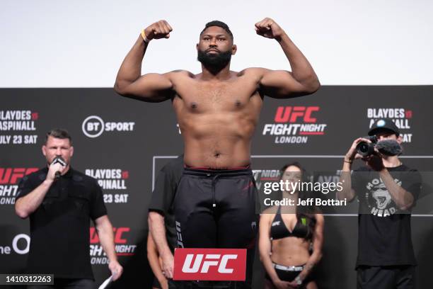 Curtis Blaydes poses on the scale during the UFC Fight Night ceremonial weigh-in at O2 Arena on July 22, 2022 in London, England.