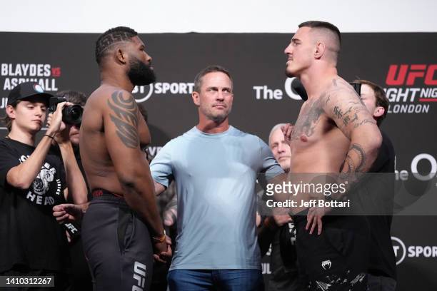 Curtis Blaydes and Tom Aspinall of England face off during the UFC Fight Night ceremonial weigh-in at O2 Arena on July 22, 2022 in London, England.