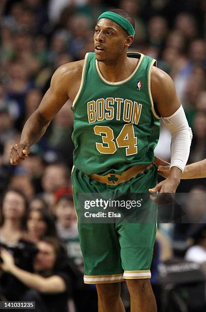 Paul Pierce of the Boston Celtics celebrates a three point shot in the second half against the Portland Trail Blazers on March 9, 2012 at TD Garden...