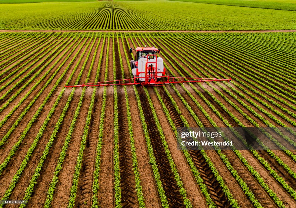 Pesticide spraying tractor on soybean field