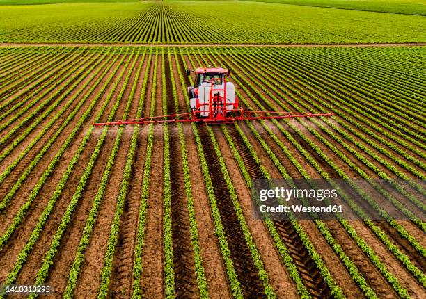 pesticide spraying tractor on soybean field - crop sprayer imagens e fotografias de stock