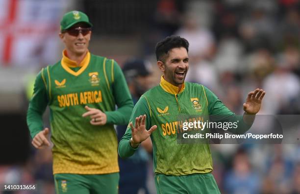 Keshav Maharaj of South Africa celebrates after dismissing Moeen Ali during the second ODI between England and South Africa on July 22, 2022 in...