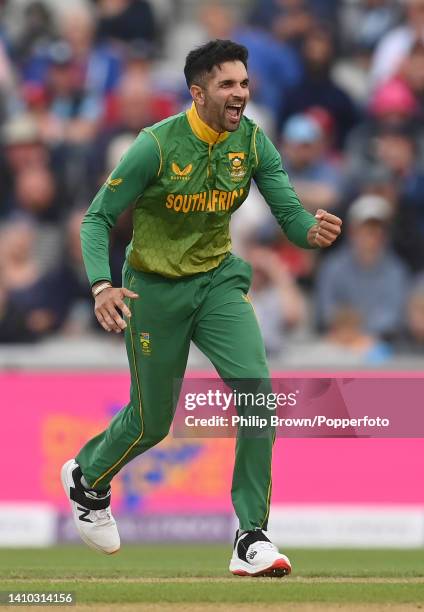 Keshav Maharaj of South Africa celebrates after dismissing Moeen Ali during the second ODI between England and South Africa on July 22, 2022 in...