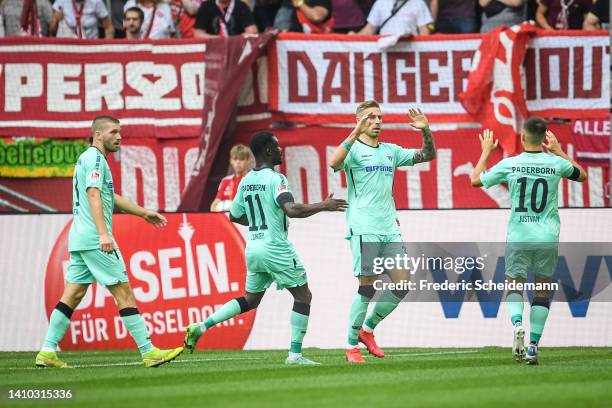 Felix Platte of Paderborn celebrates after scoring his team´s first goal during the Second Bundesliga match between Fortuna Düsseldorf and SC...