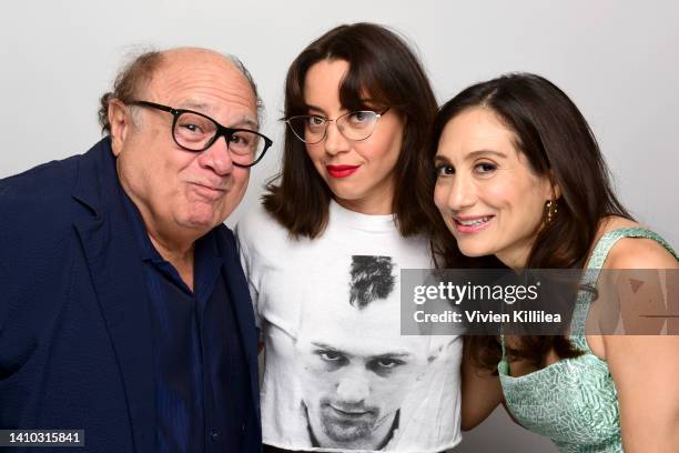 Danny DeVito, Aubrey Plaza, and Lucy DeVito visit the #IMDboat At San Diego Comic-Con 2022: Day Two on The IMDb Yacht on July 22, 2022 in San Diego,...