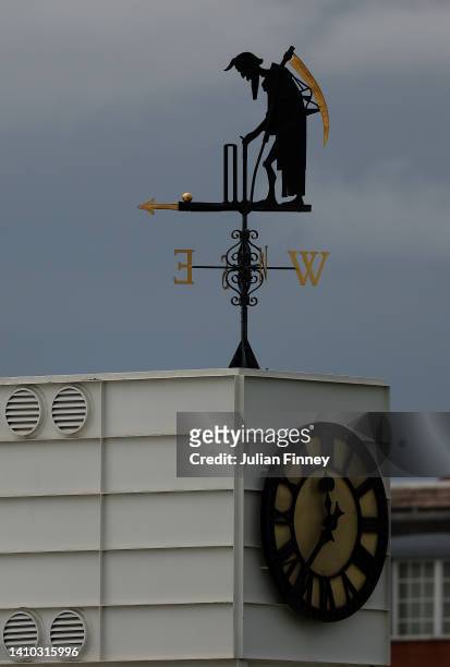 The clock and the Old Father Time weather vane is seen during the LV= Insurance County Championship match between Middlesex and Sussex at Lord's...