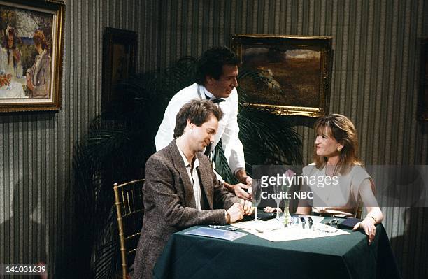 Episode 19 -- Pictured: Dana Carvey as Husband, Garry Shandling as Waiter, Jan Hooks as Wife during the 'Happy Couple' skit on May 16, 1987 -- Photo...
