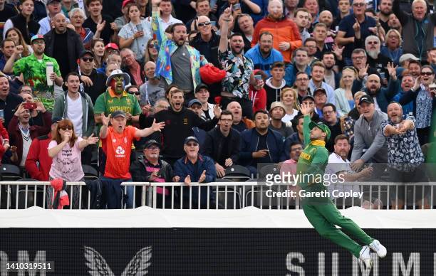 Janneman Malan of South Africa fails to reach a six hit by Liam Livingstone of England during the 2nd Royal London Series One Day International match...