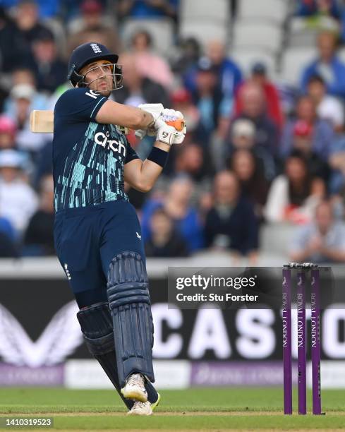 England batsman Liam Livingstone hits a six during the 2nd ODI between England and South Africa at Emirates Old Trafford on July 22, 2022 in...