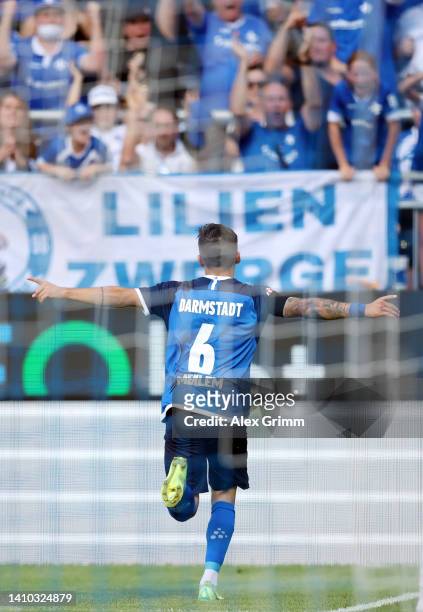 Marvin Mehlem of Darmstadt celebrates their team's second goal during the Second Bundesliga match between SV Darmstadt 98 and SV Sandhausen at...