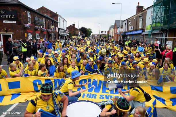 Sweden fans show their support outside the stadium prior to the UEFA Women's Euro 2022 Quarter Final match between Sweden and Belgium at Leigh Sports...